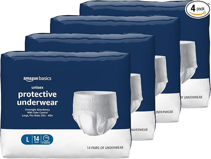 Amazon Basics Unisex Protective Underwear with Odor Control, Overnight Absorbency, Large, 56 Count (4 Packs of 14)