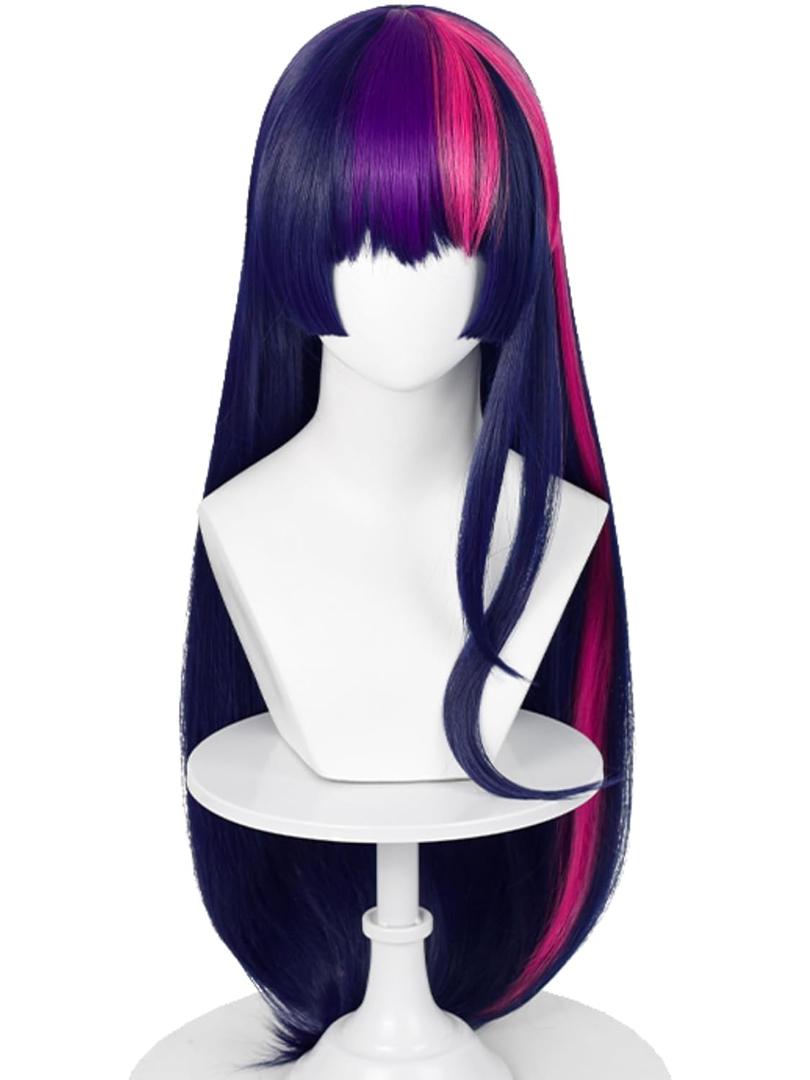 Half and Half Long Straight Anime Purple Pony Cosplay Wig with Bangs, 29'' Dark Purple Mxied Pink Pony Costume Wigs for Women Halloween Party