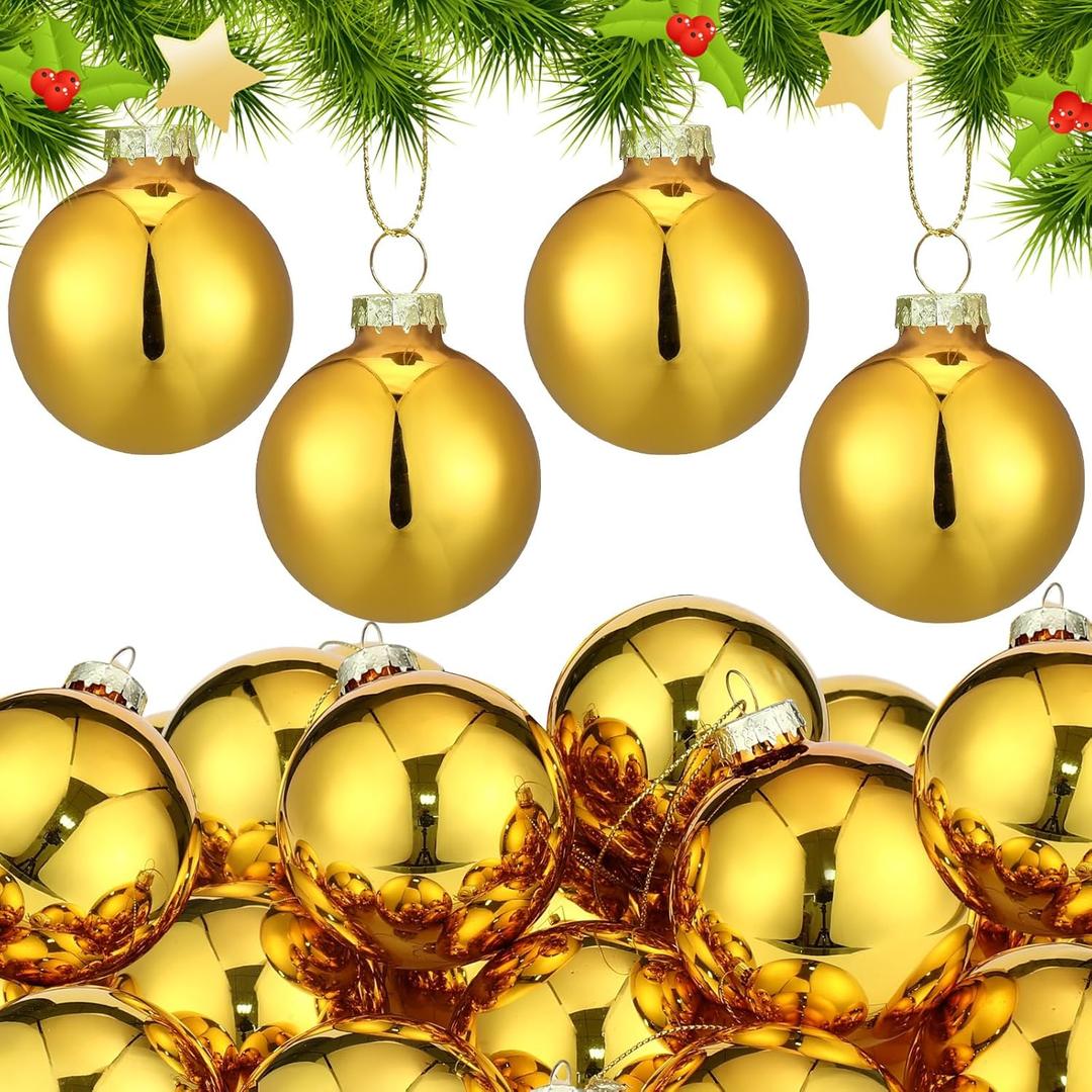 Sieral 24 Pcs Glass Christmas Ball Ornaments 2.4''/ 60mm for Christmas Tree Copper Christmas Hanging Glass Ball Ornaments for Xmas Trees, Wedding Party, Holiday Decoration (Gold)