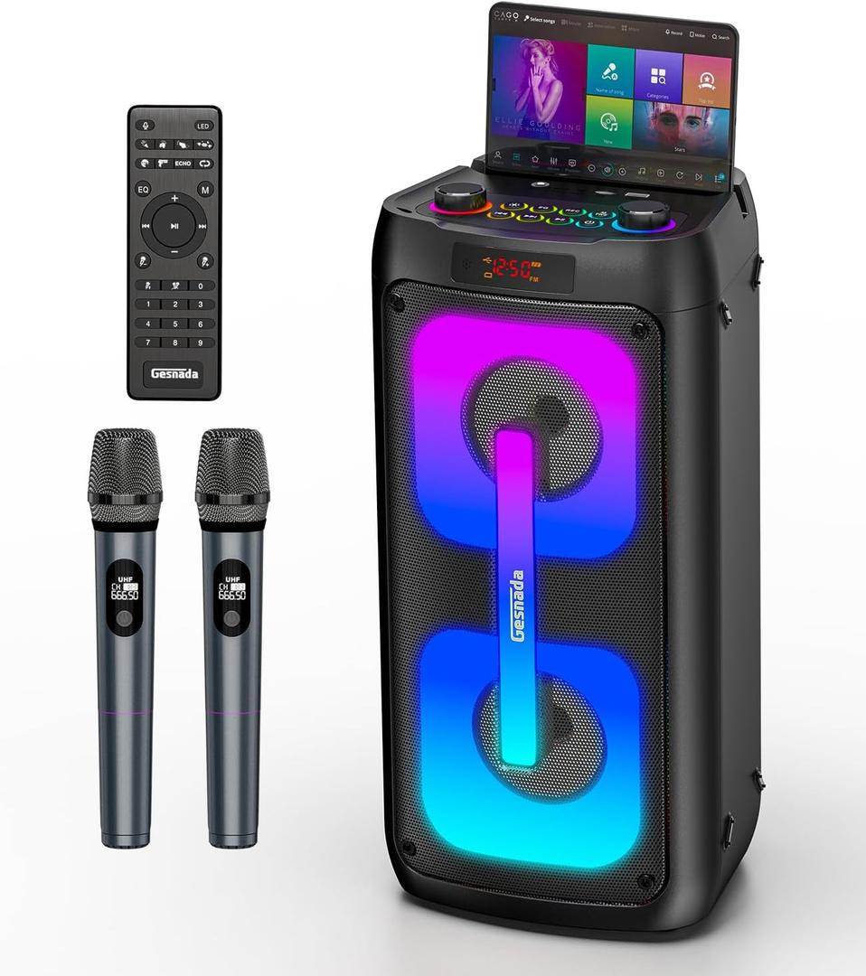 Karaoke Machine for Adults with 2 Wireless Microphones, Portable Bluetooth Speaker PA System with Dicso Lights for Big Pary, Stage Subwoofers, Outdoor, Ideal Gifts for Family, Music Lover