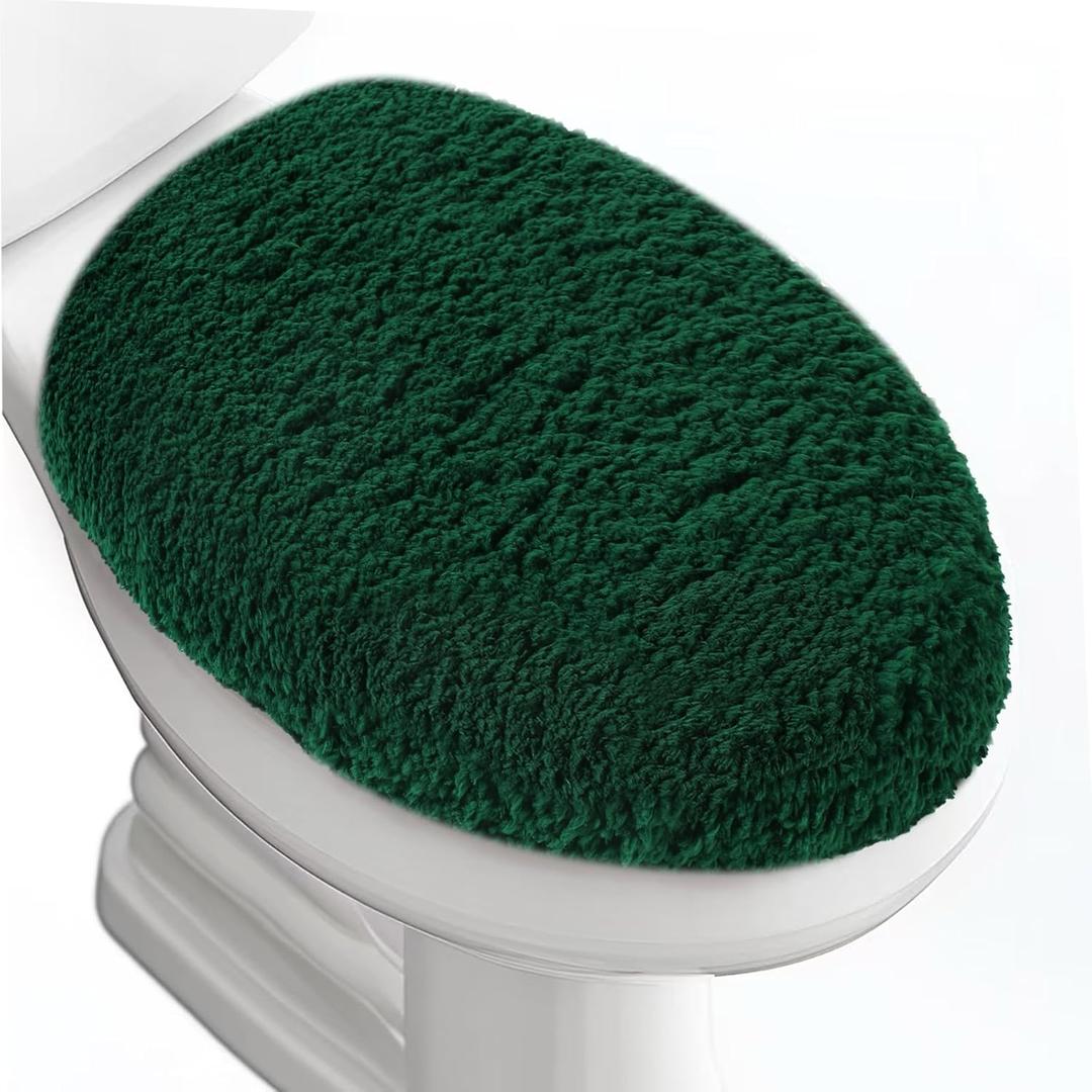 Microfiber Elongated Toilet Seat Cover 19.5"x 15" Machine Washable Solid Toilet Lid Cover Adjustable Rubber Backing Fits Only 18-19.5" L x 14-16" W Elongated Toilet Seat (Hunter Green)