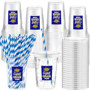 Sliner 50 Set 2026 Blue and Gold Graduation Plastic Cup Disposable with Lid and Paper Straw 16 oz Clear Drinking Cup for College High School Grad Party Supplies Decoration Festivities