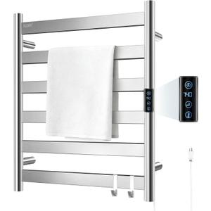 R FLORY Heated Towel Rack for Bathroom, 6 Bar Wall Mounted Towel Warmer Rack Flat with Timer & Temperature, Electric Towel Heater with LED Display Screen, Plug-in