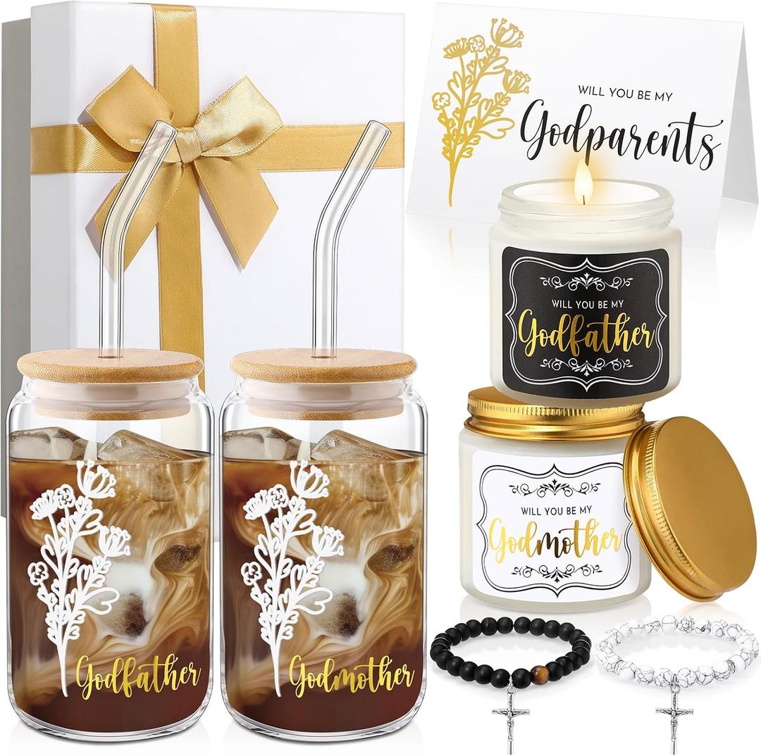 9 Pcs Godparents Proposal Gift Set Will You Be My Godmother Godfather Glass Cup Scented Candle Cross Bracelet Cards Box from Godchild Baptism Padrino Madrina Uncle Aunt Gifts
