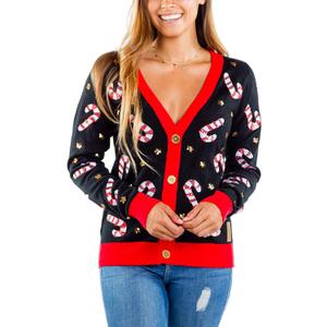 Tipsy Elves Classic Cute Cardigan Ugly Christmas Sweaters for Women with Fun Patterns and Animals (Small, Candy Cane Lane (Black))