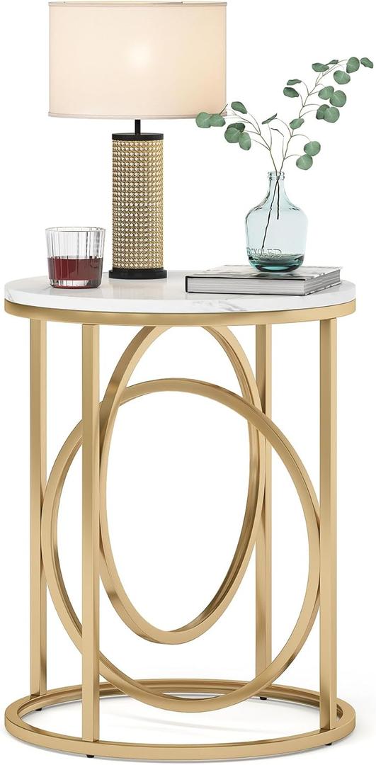 LITTLE TREE 20 Round End TableModern Sofa Side Table with Gold O-Shaped Base, Faux Marble White Cocktail Table Accent Table Nightstand for Living Room Bedroom