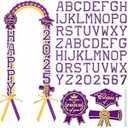 Spakon 62 Pcs Graduation Leis 2025 Graduation Ribbon Lei Necklace Decorations with Letter Wooden Pattern for Student(Purple Gold)