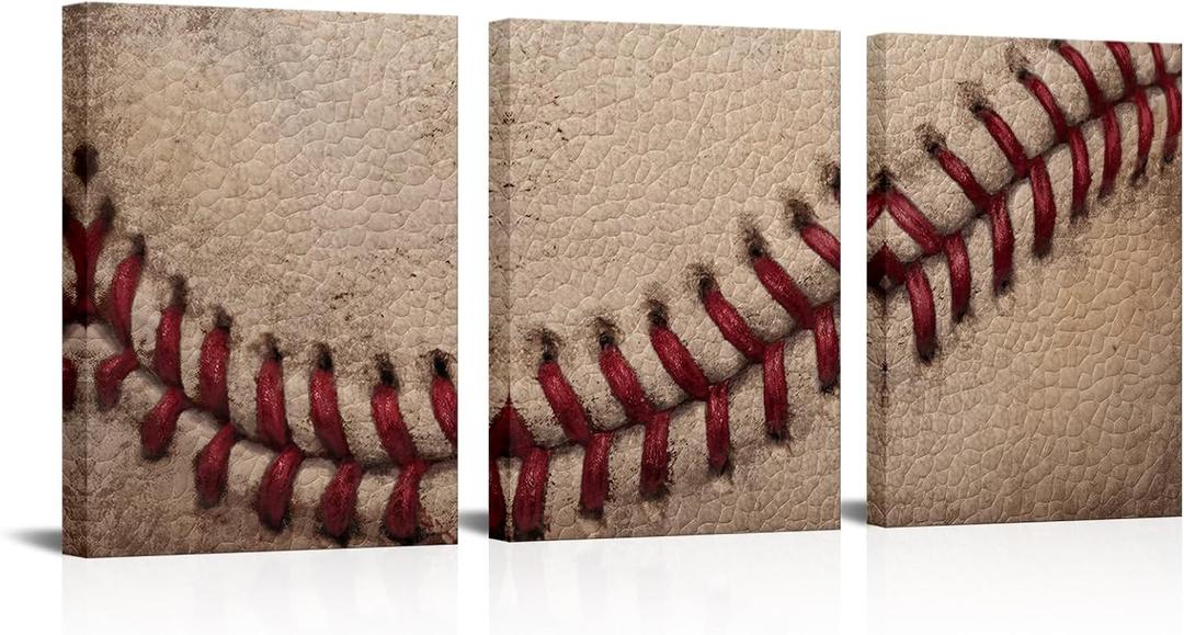 Artsbay Baseball Wall Art Set Close Up Details of Baseball Stitching Sports Modern Retro Rustic Artwork for Men Kids Teenagers Boys Bedroom Decor Home Club Decoration 12" Wx16 H x3PCS