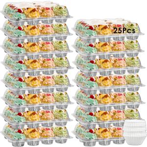 (12 Pack x 25 Sets) Stackable Cupcake Carrier with 300 Pack Cupcake Liners, Plastic Cupcake Boxes Holders for 12 Cupcakes, Cupcake Containers, Clear Disposable Cupcake Trays