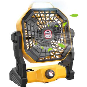 Camping Fan with LED Lantern, 36 Hours 9 Inch Portable Rechargeable Battery Powered Fan with Stepless Speed and Quiet Battery Operated for Picnic, Barbecue, Fishing, Travel, Home, Tent (10400 mAh, Yellow)