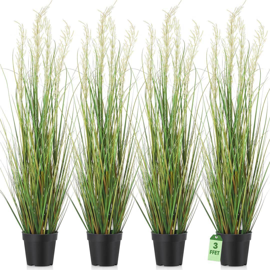 Jexine 4 Pcs 3 ft Tall Artificial Grass Plant Potted Artificial Greenery Floor Plants Faux Pampas Grass Tall in Pot for Housewarming Gift House Garden Bathroom Lobby Outdoor Decoration