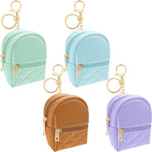 Aswewamt 3 Pcs Mini Backpack Cosmetic Bag Keychain PU Leather Lipstick Holder Cute Case Coin Purse Wallet Card Holder Data Cable Organizer Zipper Pouch for Women (Blue+Green+Purple)