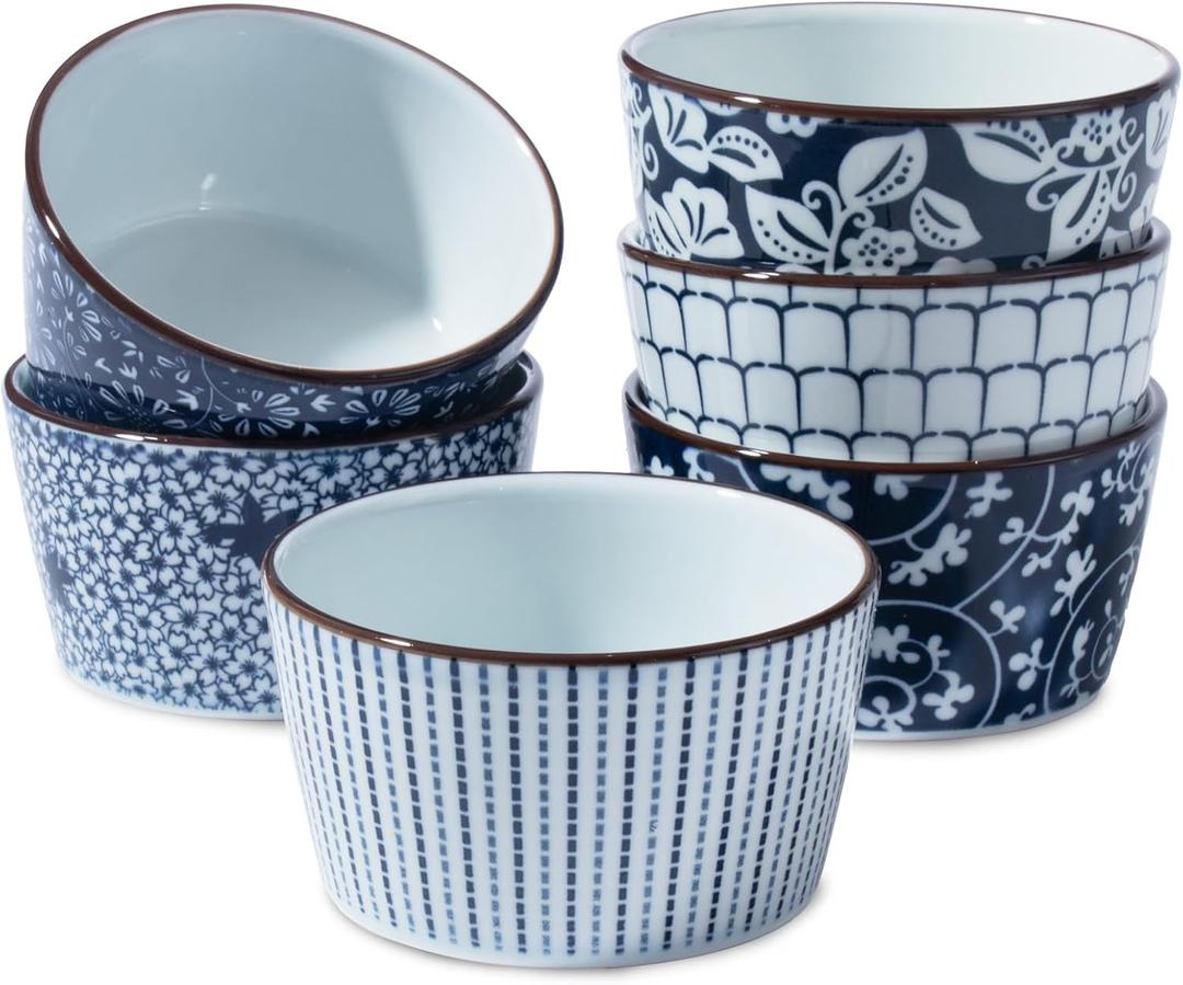 6 Oz Ceramic Ramekins, Creme Brulee Ramekin Oven Safe for Pudding, Creme Brulee, Dipping Sauce Bowls, Ramekins for Baking Souffle, Ice Cream,set of 6 (Vintage Blue)
