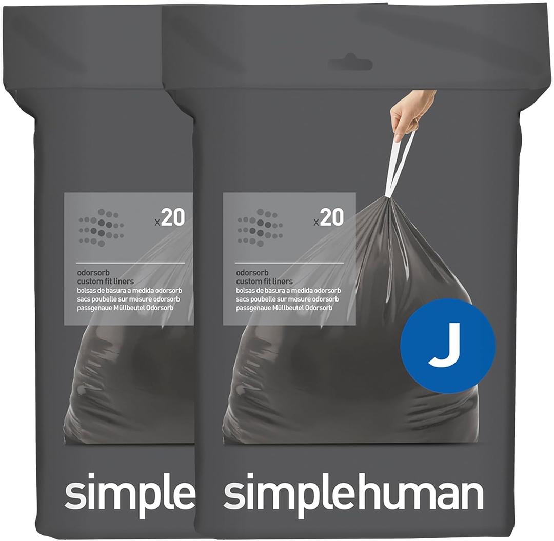 simplehuman Code J 40 Count, Genuine Odorsorb Custom Fit Liners, Drawstring Odor Absorbing Trash Bags in Dispenser Packs, 30-45 Liter / 8-12 Gallon