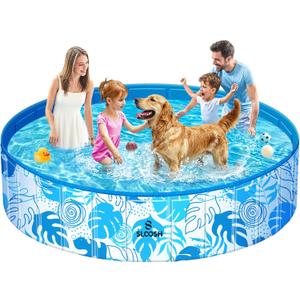 SLOOSH Foldable Dog Kiddie Pool - Portable Hard Plastic Kids Baby Doggie Swimming Pool, Anti-Slip Thick PVC Collapsible Pets Cats Whelping Box Puppy Bathtub (71" x 12")