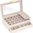 Lolalet Earring Storage Box Case with Glass Top, Large Earring Jewelry Holder Organizer Display with Drawer and Grid, Gift for Girls Women -2 Tiers, Cloud White