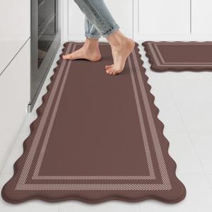 KIMODE Anti Fatigue Kitchen Mats for Floor, Farmhouse Scalloped Rugs for Kitchen Floor, Boho Kitchen Rugs Non Slip, Cushioned Standing Mats for Laundry Office Sink Desk Brown 17"x47"+17"x29"