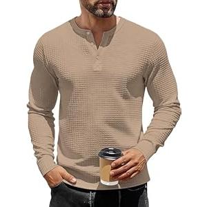Men's Henley Shirts Long Sleeve Casual Waffle T-Shirts Button Pullover Sweaters Tee Shirt Khaki, Medium