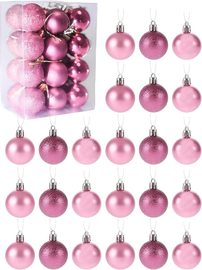 24 Mini Shatterproof Christmas Balls, 3cm/1.1'' Xmas Tree Ornaments Hanging Ball for Birthday Halloween Holiday Wedding Party Decorations, Pink