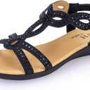 VJH confort Womens Flat Sandals,Comfort Elastic Strap Rhinestone Open Toe Slip-On Casual Walking Sandals (7.5, Black)