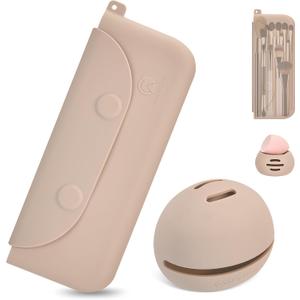 Silicone Makeup Brush Holder And Beauty Sponge Case, Travel Makeup Brush Case With Magnetic Closure, Makeup Sponge Holder 2 In 1 Stand Storage For Quick Drying Khaki