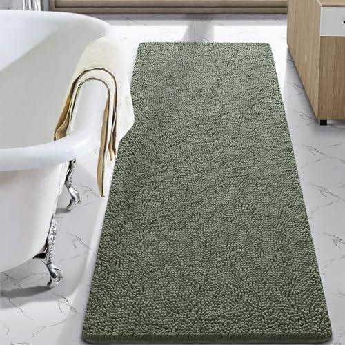 LOCHAS Luxury Bathroom Rug Shaggy Bath Mat 24 x 70 Inch, Washable Non Slip Bath Rugs for Bathroom Shower, Soft Plush Chenille Absorbent Carpets Mats, Sage Green