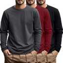 Ficerd 3 Pack Men's Big and Tall Shirts Long Sleeve Cotton Tee Crew Neck Oversize Tops Casual Loose Fit Knitted T Shirts (Large, Black, Dark Gray, Wine Red)
