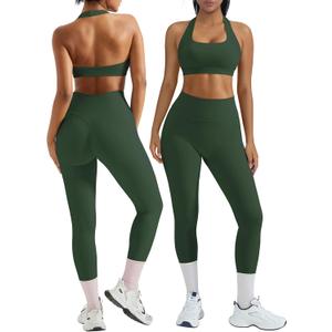 OMKAGI 2 Piece Workout Sets for Women Halter Sports Bras Gym Sets Booty Leggings Outfits (X-Small, Emerald Black)
