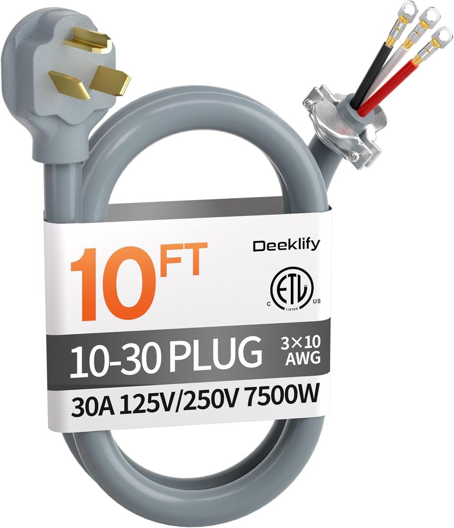 10 ft 3 Prong Dryer Cord, 30Amp 10 Gauge Dryer Power Cord Replacement, Pure Copper 3-Wire Dryer Cord with NEMA 10-30P Plug and O-Ring Terminals, 250V 7500W, ETL Listed, Gray STW