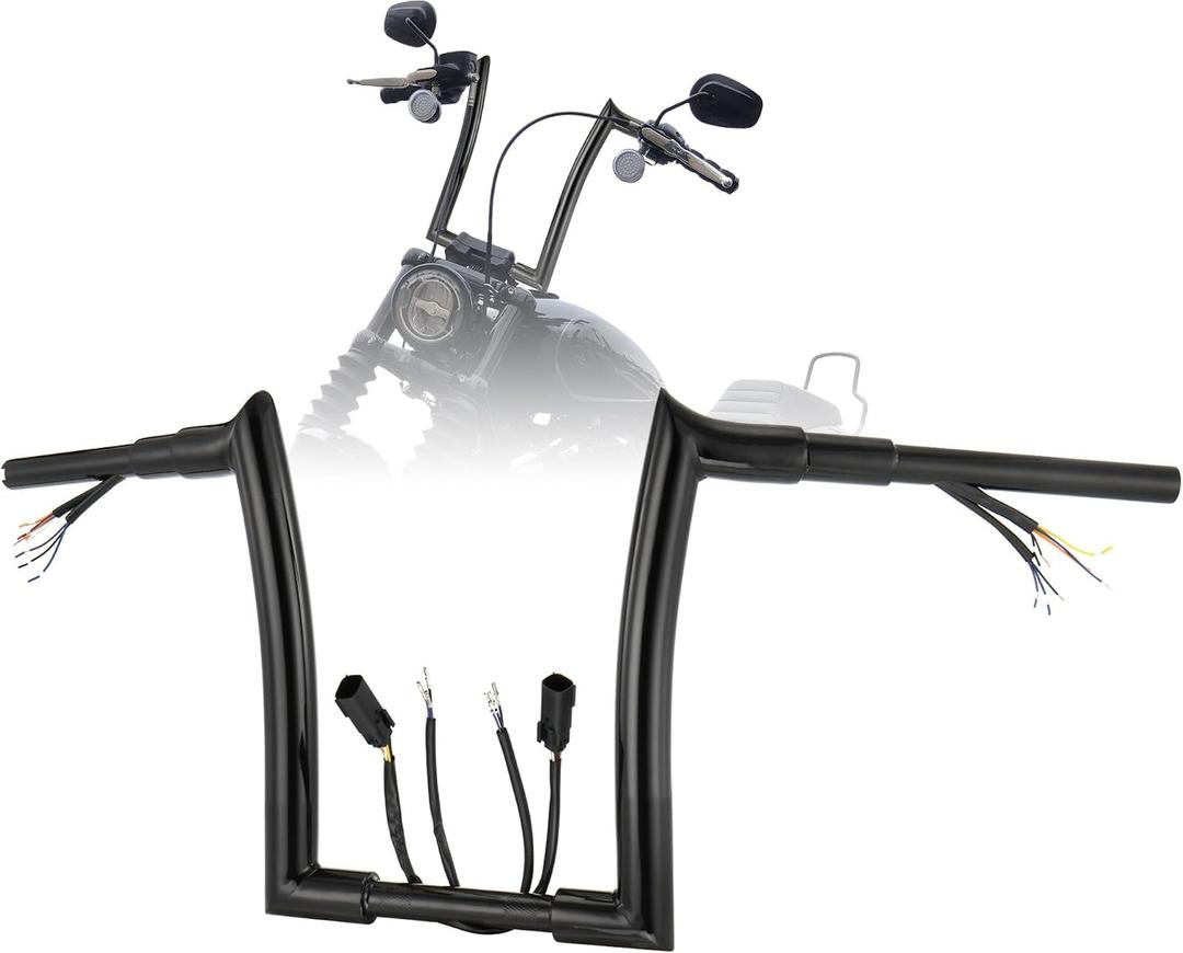 1.5" Fat Handlebars for Harley 2007-2013 Softail/Dyna/Sportster Meathook Ape Hangers 12" Rise Pre-wired Bar with CAN-Bus and Turn Signal Wire Harness, Black