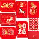 ceiba tree Chinese New Year Cards 12Pcs Lunar Year of the Horse 2026 Gold Foiled Greeting Cards with Red Envelopes 5 x 7 Inch Happy Lunar New Year Notecards New Years Eve Party Supplies