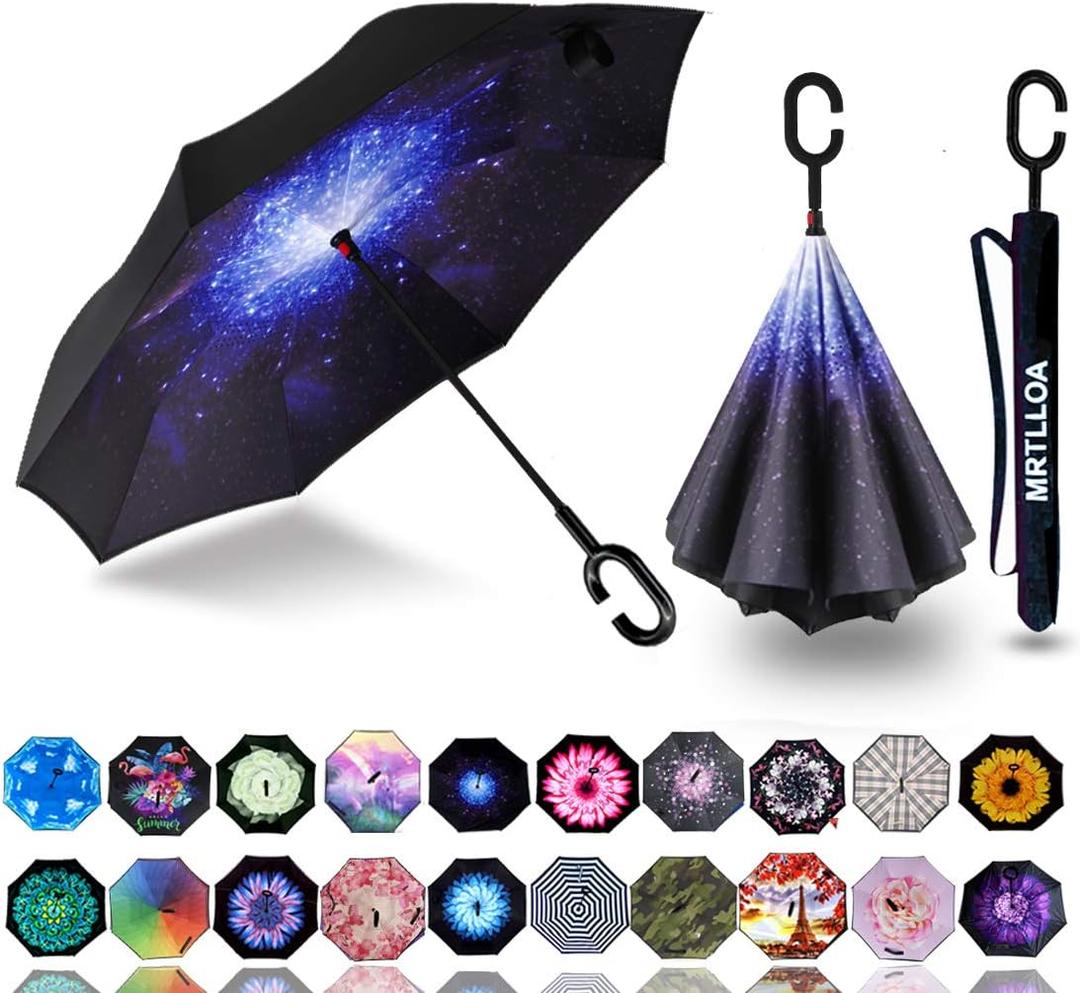 MRTLLOA 40/49/56 Inch Oversize Windproof Inverted Reverse Upside Down Umbrella, Golf Size Rain Umbrella, Double Layer, C-Shaped Handle for Men, Women and Kids (N-Starry Sky)