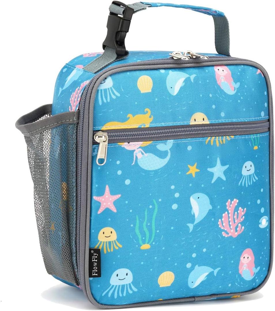 FlowFly Kids Lunch box Insulated Soft Bag Mini Cooler Back to School Thermal Meal Tote Kit for Girls, Boys, Mermaid