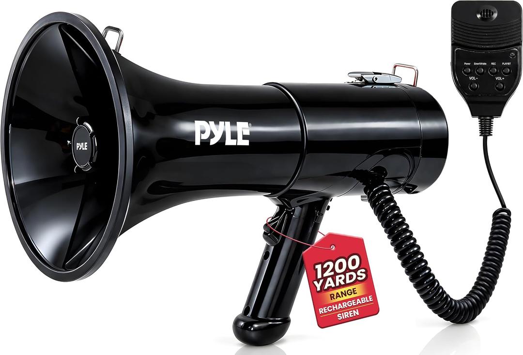 Pyle 100-Watt Square Megaphone Bullhorn, Lightweight and Portable Loudspeaker Horn with Aux (3.5mm) Input for MP3/Music, Automatic Siren, Whistle, MIC/Talk (Black), 1200 Square Yards Projection Range