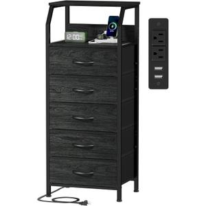 Furnulem 5 Drawers Dresser with Charging Station, Fabric Chest of Drawers with Open Shelf, Tall Night Stand, Bedside Table for Closet, Entryway, Bedroom Furniture, 3 Ways to Use, Black Oak