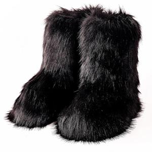 Snow Boots for Women 2024 Furry Boots Winter Knee High Flat Heel Fluffy Faux Fur Boots Size 37