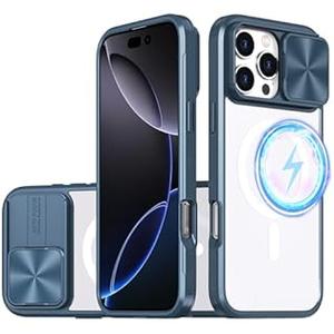 Magnetic Case for iPhone 17 with Slide Camera Cover, MagSafe Compatible, Clear Back Panel Never Yellowing, Strong Magnets, Aesthetic Shockproof Soft Silicone Edge Wireless Charging Phone Case Cover, Blue