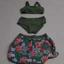 Girls Swimsuit 3 Piece Bikini Set with Shorts Tropical Floral Print Bathing Suit Girls' Swimwear 7-16T (7-8 Years, Green)