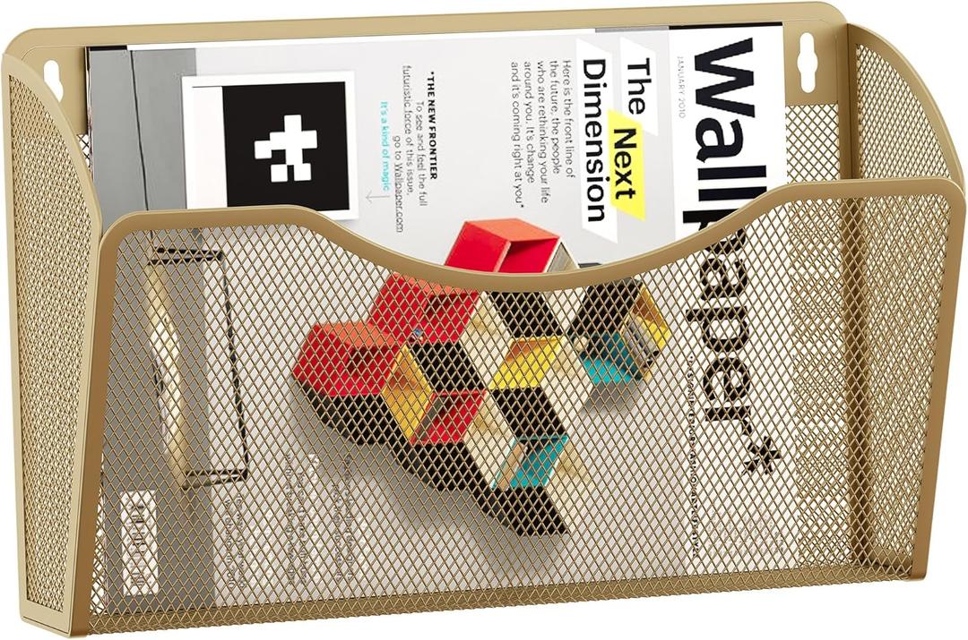 EasyPAG Wall File Organizer, Metal Mesh Hanging File Folder Holder for Letter/A4 Size Folders, Vertical Wall Mount Mail Sorter for Office Paperwork, Classroom, Gold