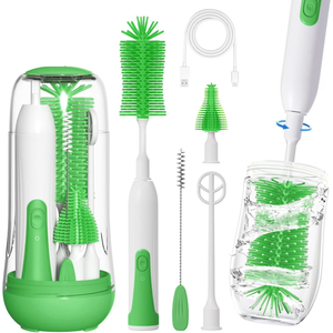 Electric Baby Bottle Brush, Rechargeable Electric Bottle Brush Cleaner for Travel, Portable Baby Bottle Cleaner Brush Set with Silicone Bottle Brush, Nipple Brush, Straw Brush(Vintage Green)