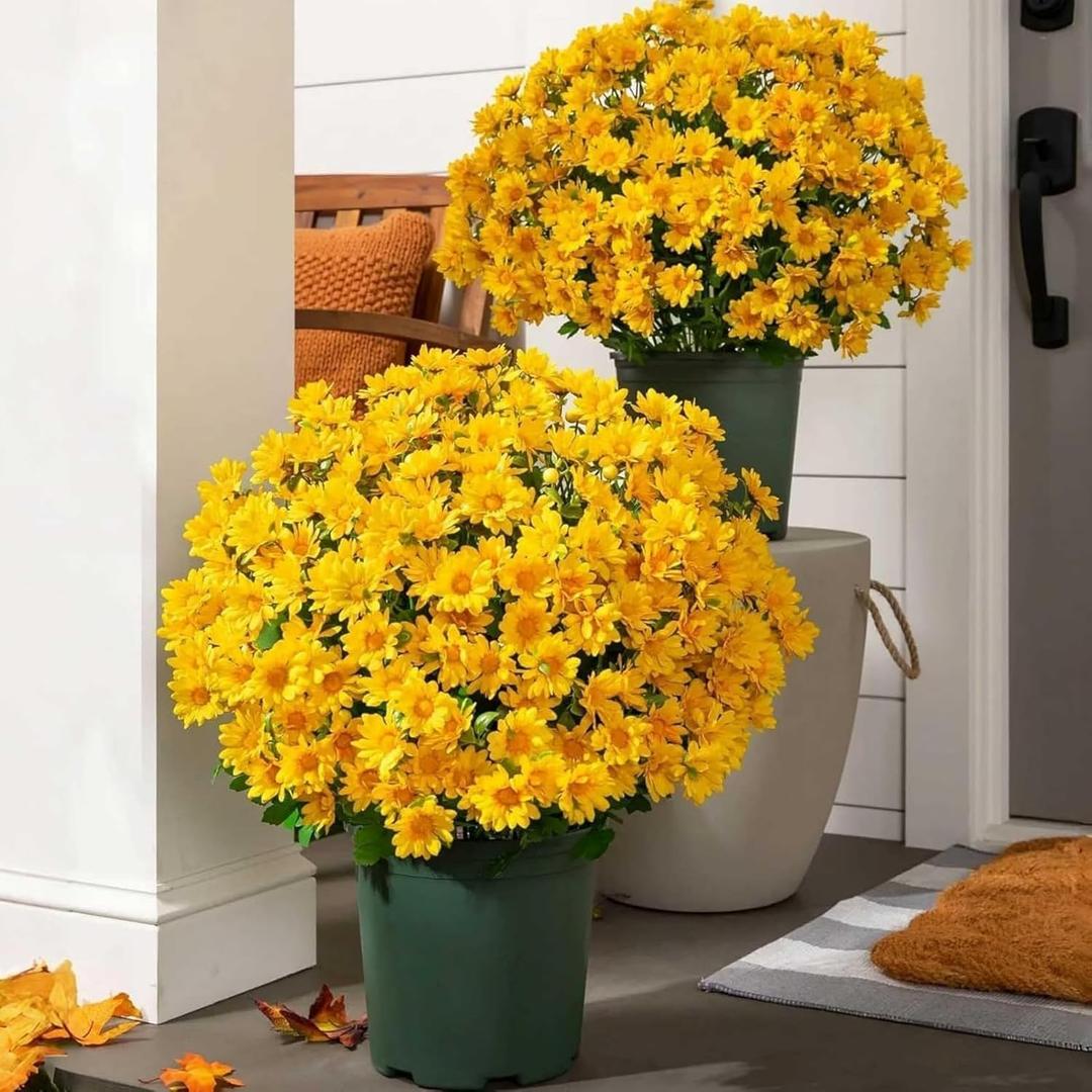 Artificial Sunset Mums, Funsdecor Mums, Artificial Outdoor Sunset Flowers - UV Resistant,Waterproof, Windproof, Fake Fall Flower Daisy with Eucalyptus, Look Real, Full, Vibrant (5 Bundle Yellow)
