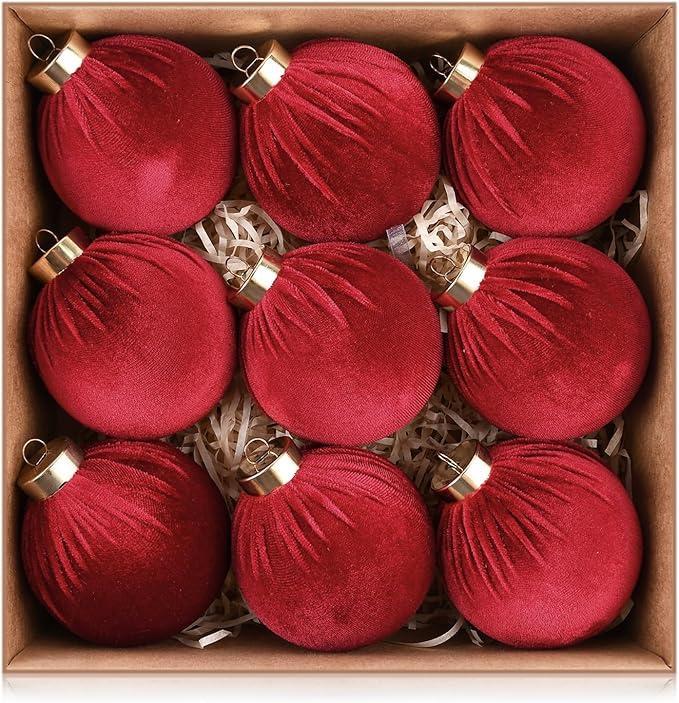 Velvet Ornaments for Christmas Tree Decorations - Beige Xmas Ball Ornament for Indoor Holiday Decor - Shatterproof Christmas Bulbs Ornaments 80mm 3.15inch - Pack of 9