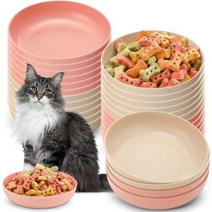 Tioncy 24 Pieces Beard Fatigue Relief Cat Bowl Shallow Cat Food Dish Wide and Small Plate Wide Stray Wet Feeding Bowl for Ferrets Feral Short Legged Kitten, 5.5 Inch Wheat Straw(Pink, Beige,Classic)