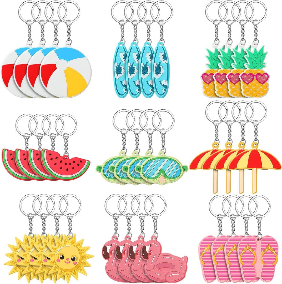 Yinkin 36 Pcs Summer Party Keychains Beach Flamingo Pineapple Turtle Surfboard Keychain for Summer Pool Theme Favor Luau Tropical Hawaiian Sea Party Supplies, 9 Styles(Pool Style)