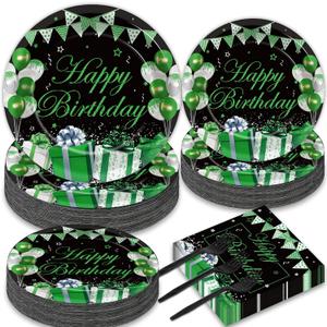 gisgfim 200PCS Green and Black Silver Happy Birthday Party Decorations Birthday Party Tableware Set Confetti Sprinkles Green Birthday Plates Napkins Forks Table Decors for Men Women, 50 Guests