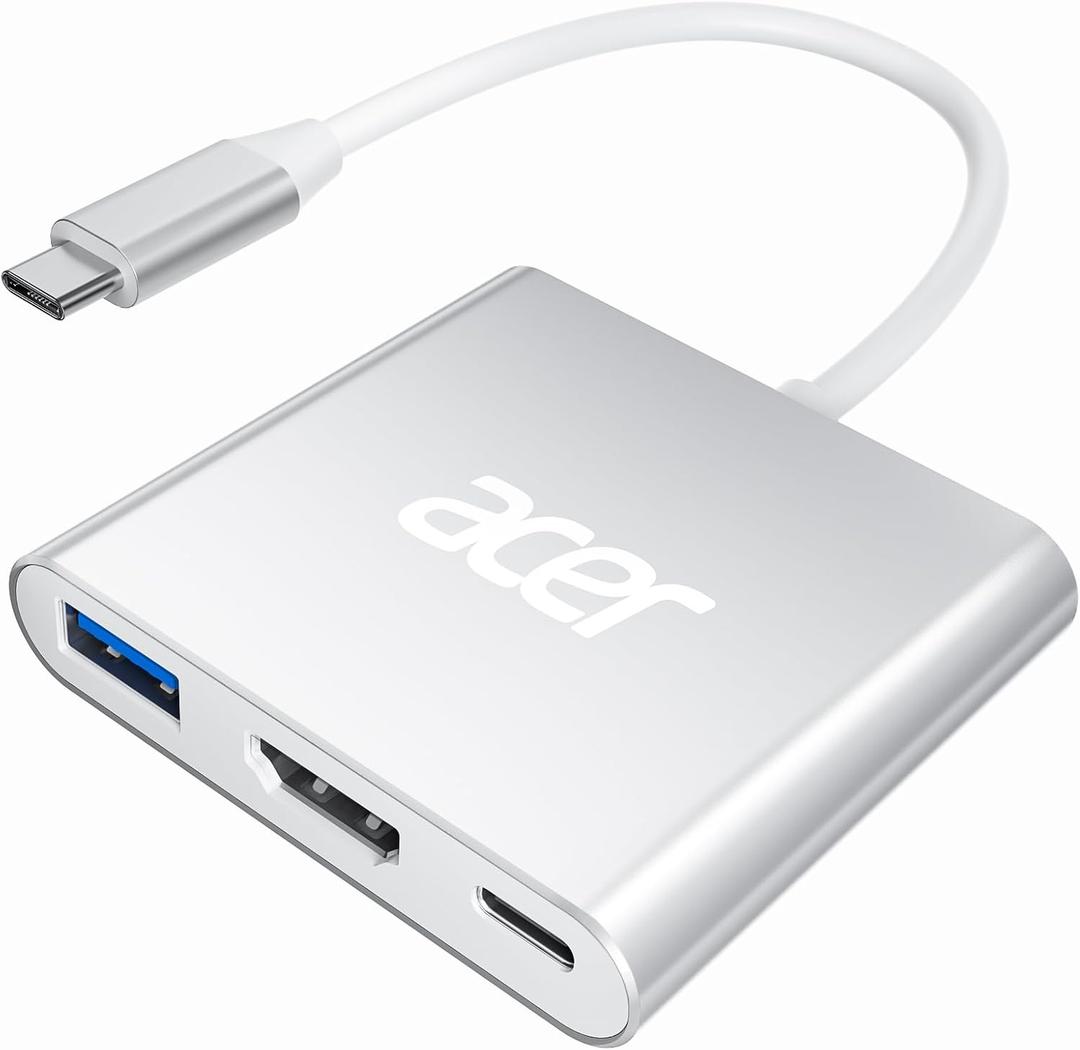 Acer USB C to HDMI Adapter, 4K USB C Hub with 100W PD, USBA 3.0 Port, HDMI to USBC Multiport Digital AV Converter for MacBook Neo/Pro/Air, iPad, Tablets, TV, Monitor and More (Silver)