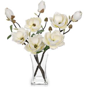 Briful Artificial Magnolia Flower Arrangement with Glass Vase, 18.5in White Faux Magnolia Flowers Fake Floral Centerpiece for Eleglant Home Office Room Table Shelf Dcor