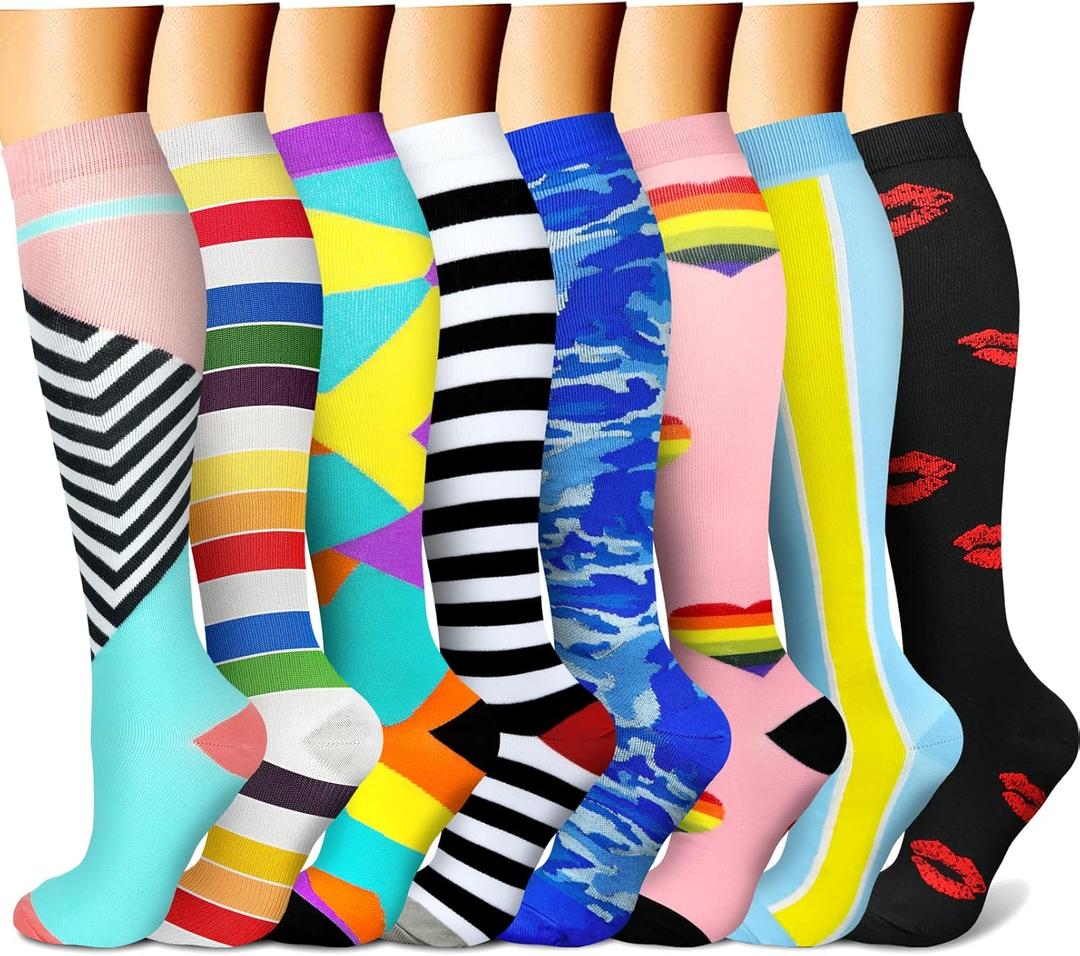 CHARMKING Compression Socks for Women & Men Circulation (8 Pairs) 15-20 mmHg is Best Support for Athletic Running,Cycling (Small-Medium, 18 Pink/Rainbow/Cyan/White/Blue)