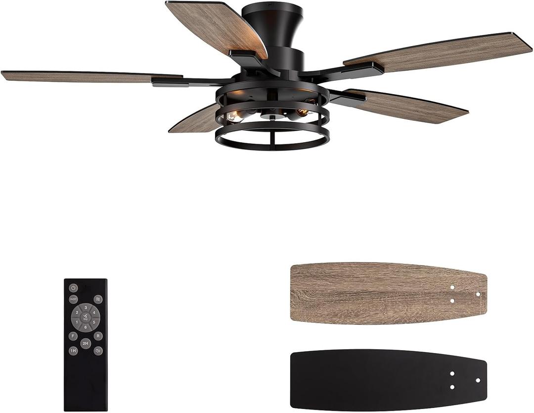 46 Inch Flush Mount Ceiling Fans with Lights and Remote Control, Low Profile Farmhouse Ceiling Fan for Bedroom Living Room and Patio, Black Caged Ceiling Fan for Indoor and Outdoor