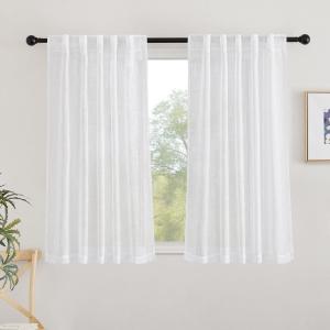 NICETOWN White Faux Linen 48 inch Curtains for Cafe, Rod Pocket & Back Tab Linen Weave Window Treatments Privacy with Light Filtering Semi Sheer Curtains for Kitchen, W42 x L48, 2 Panels